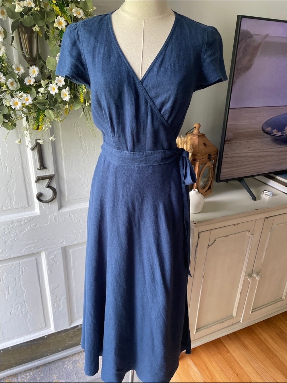 Gorgeous Ralph Lauren 100% Linen Deep Navy Wrap Midi Dress with Tie Waist